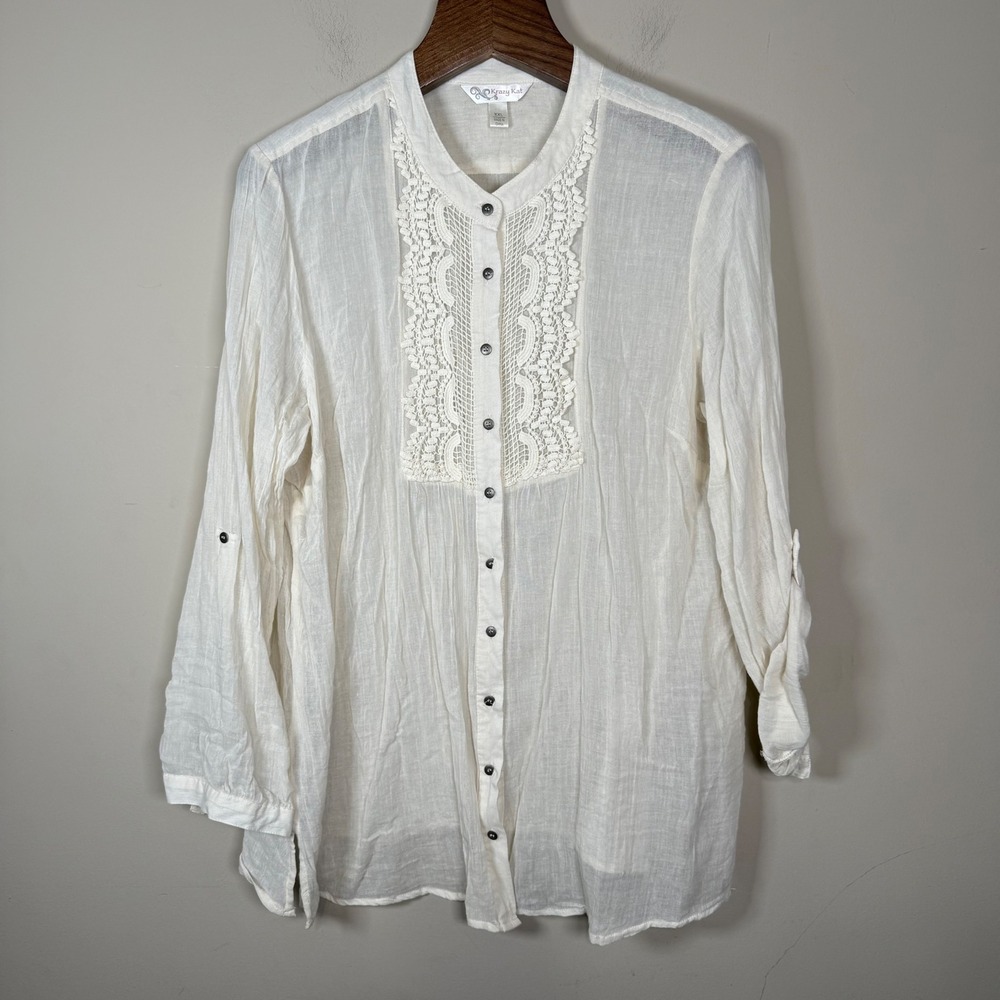 Krazy Kat Boho Cream Crochet Trim Blouse Size XXL Lightweight